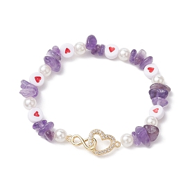 Puce naturelles améthyste bracelets extensibles de perles, Bracelets à maillons en zircone cubique transparent, cœur et infini, en laiton, micro pavé, pour femmes