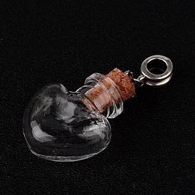 Heart Glass Wishing Bottle European Dangle Charms, with Alloy Tube Bails and Iron Findings, 44mm, Hole: 4.5mm