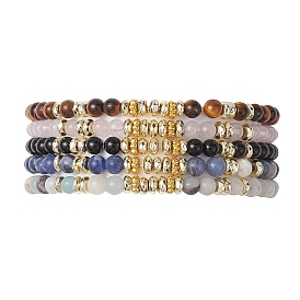 Natural Mixed Stone & Non-magnetic Synthetic Hematite Beaded Stretch Bracelets