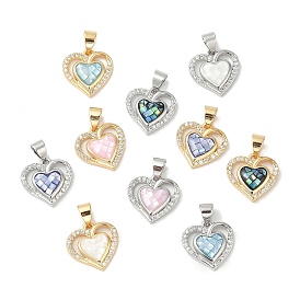 Rack Plating Brass Enamel Micro Pave Clear Cubic Zirconia Pendants, with Shell, Long-lasting Plated, Cadmium Free & Lead Free, Real 18K Gold Plated, Heart Charm, Platinum/Real 18K Gold Plated