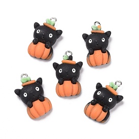 Halloween Opaque Resin Pendants, with Platinum Tone Iron Loops, Cat with Pumpkin