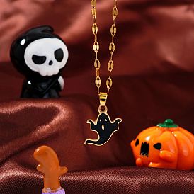 Halloween Stainless Steel Enamel Pendant Necklaces, with Golden Plated Dapped Chains for Unisex, Ghost