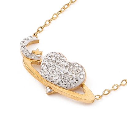 Crystal Rhinestone Heart Planet Pendant Necklace, Ion Plating(IP) 304 Stainless Steel Jewelry for Women