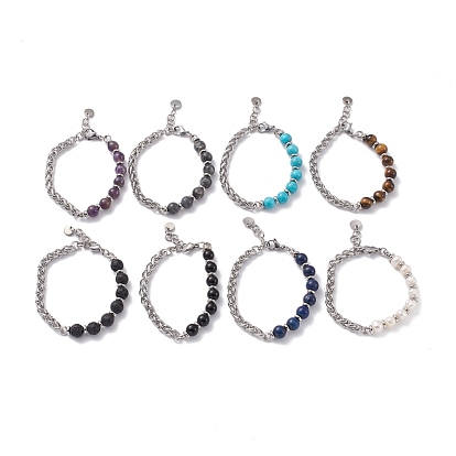 Round Mixed Gemstone Beaded Bracelet for Girl Women, 201 Stainless Steel Wheat Chain Bracelet, Stainless Steel Color