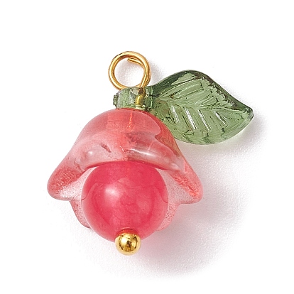 Natural Malaysia Jade & White Jade Dyed Pendants, Flower Charms with with Transparent Two Tone Spray Painted Glass Leaf
