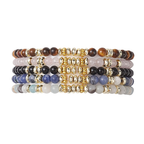 Natural Mixed Stone & Non-magnetic Synthetic Hematite Beaded Stretch Bracelets