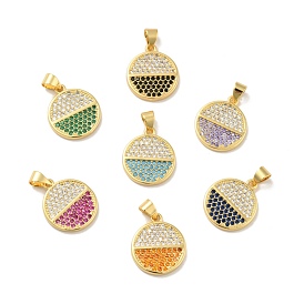 Brass Micro Pave Cubic Zirconia Pendants, Cadmium Free & Lead Free, Long-Lasting Plated, Flat Round, Real 18K Gold Plated