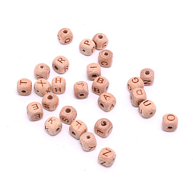 Natural Wood Beads, Cube with Letter, Square