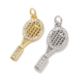 Rack Plating Brass & Clear Cubic Zirconia Pendants, Cadmium Free & Lead Free, Long-Lasting Plated, Badminton Racket, with Jump Ring