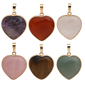 Gemstone Pendants, Heart Charms with Golden Plated Metal Snap on Bails