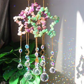 Gemstone Chip Wrapped Metal Star Hanging Ornaments, Glass Teardrop Tassel Suncatchers for Home Garden Outdoor Decoration