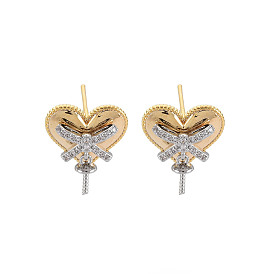 Латунные микро-паве прозрачные серьги-гвоздики из циркония, за половину пробурено бисера, без никеля , сердце с бантом