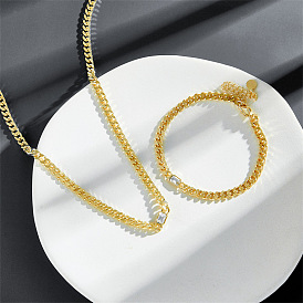 Copper Inlaid Zirconia Basic Bracelet Necklace Set - Elegant and Minimalist 14K Gold Plated Jewelry for Women