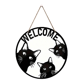 Wooden Welcome Sign Pendant Decorations for Front Door, Home Hanging Decorations, Flat Round with Cat