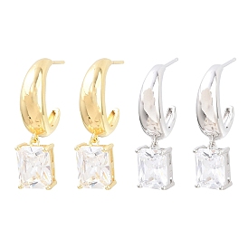 Прямоугольные латунные серьги-гвоздики с микропаве из прозрачных кубических цирконий, без свинца и без кадмия, долговечный, стойки покрытие