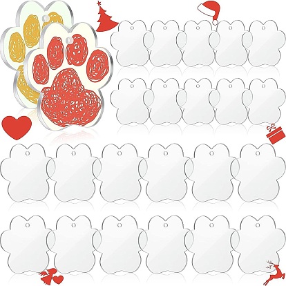 24Pcs Transparent Acrylic Pendants, Christmas Theme, Paw Print