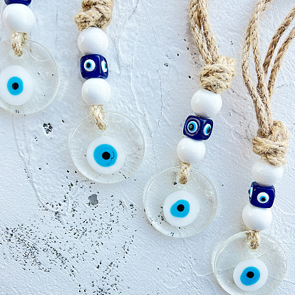 Glass Flat Round with Evil Eye Pendant Decorations, Jute Cord Car Wall Hanging Decoration