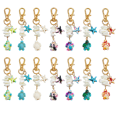 14 шт. 7 цвета морская звезда и морская черепаха синтетическая бирюза и натуральный белый перламутровый ракушка чип подвеска украшения, с сплава шарнирного когтя омара застежками