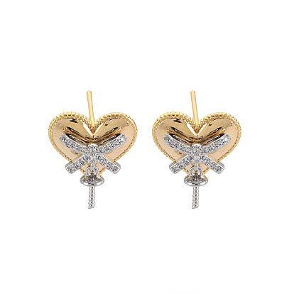 Латунные микро-паве прозрачные серьги-гвоздики из циркония, за половину пробурено бисера, без никеля , сердце с бантом