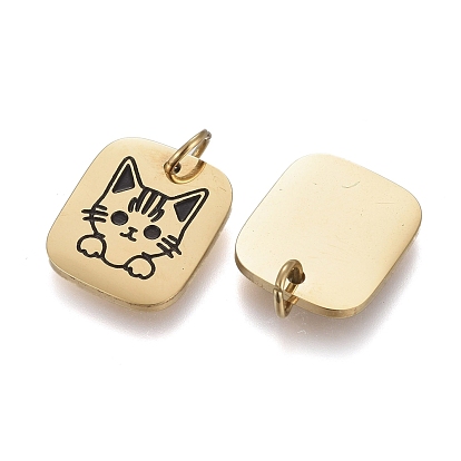 316 Surgical Stainless Steel Charms, with Jump Rings and Enamel, Rrectangle & Cat, Black