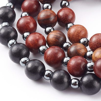 Natural Wood Beaded Stretch Bracelets Sets, with Non-Magnetic Synthetic Hematite Beads, Round