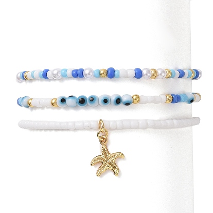 3Pcs 3 Style Glass Seed & ABS Plastic Pearl & Evil Eye Beaded Stretch Bracelets Set, Brass Starfish Charms Stackable Bracelets for Women