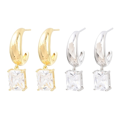 Прямоугольные латунные серьги-гвоздики с микропаве из прозрачных кубических цирконий, без свинца и без кадмия, долговечный, стойки покрытие