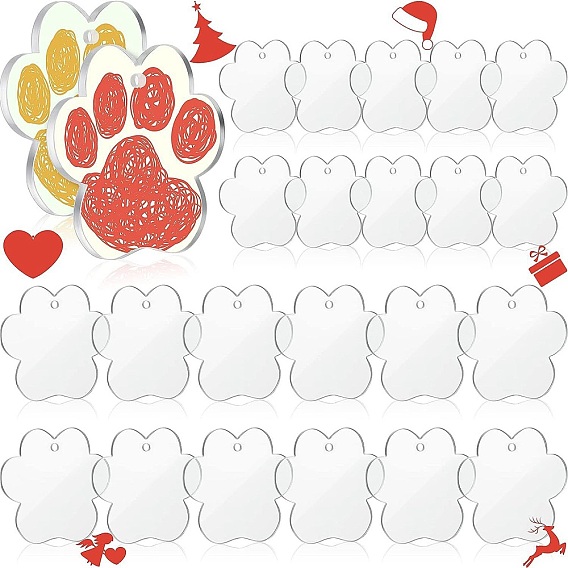 24Pcs Transparent Acrylic Pendants, Christmas Theme, Paw Print