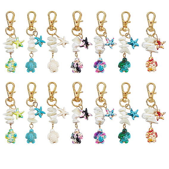 14 шт. 7 цвета морская звезда и морская черепаха синтетическая бирюза и натуральный белый перламутровый ракушка чип подвеска украшения, с сплава шарнирного когтя омара застежками