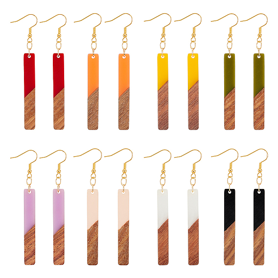 8 пары 8 серьги с подвесками из цветной смолы и орехового дерева с железными булавками, прямоугольные