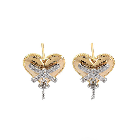 Латунные микро-паве прозрачные серьги-гвоздики из циркония, за половину пробурено бисера, без никеля , сердце с бантом
