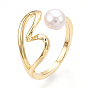 Brass Hollow Heart Open Cuff Rings with Natural Pearl