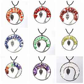 Natural & Synthetic Mixed Gemstone Chips Tree of Life Pendant Necklaces, Brass Owl Necklace with Wax Ropes