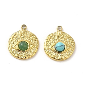 Natural Gemstone Flat Round with Eye Charms, with Vacuum Plating Real 18K Gold Plated 201 Stainless Steel Findings