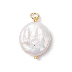 Натуральные кеши жемчужные подвески, плоские круглые прелести, с латунными кольцами для прыжков, белые