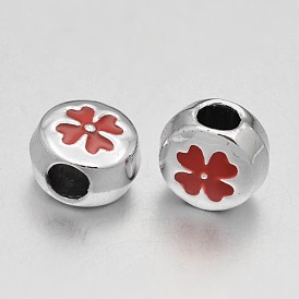 Alloy Enamel Clover European Beads, Large Hole Flat Round Beads, 10x7.5mm, Hole: 4mm