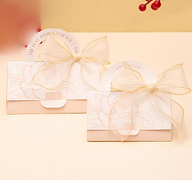 Folding Cardboard Candy Boxes, Wedding Gift Wrapping Box, with Ribbon, Rectangle with Rose