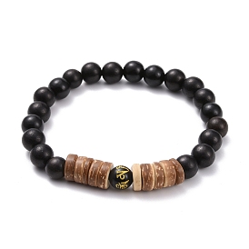 Bracelet extensible en perles d'obsidienne naturelle ronde sculptée om mani padme hum, bracelet en perles de bois naturel rond et disque, bijoux bouddhistes pour hommes femmes