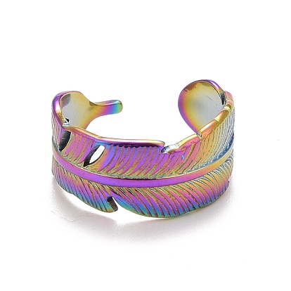Rainbow Color Ion Plating(IP) 304 Stainless Steel Feather Wrap Open Cuff Ring for Women