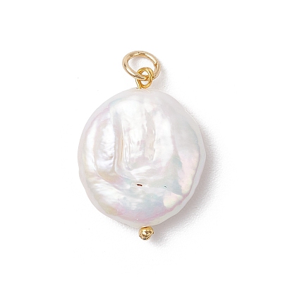 Натуральные кеши жемчужные подвески, плоские круглые прелести, с латунными кольцами для прыжков, белые