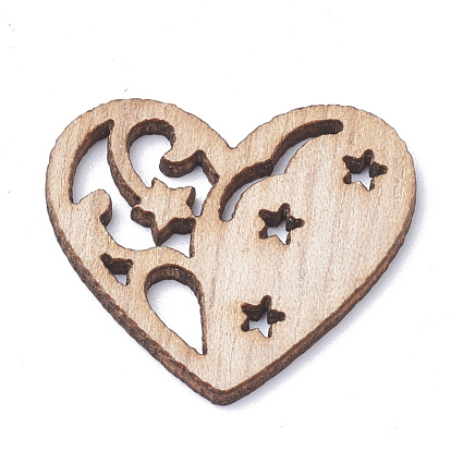 Undyed Wooden Pendants, Heart with Star