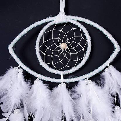 Handmade Eye Woven Net/Web with Feather Wall Hanging Decoration, with Wooden/Plastic Beads, for Home Offices Amulet Ornament