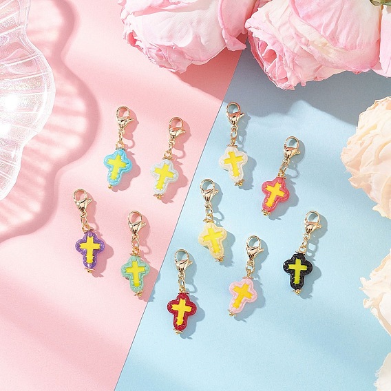 10 шт. подвесные украшения ручной работы из эмали лэмпворк, крестик, с 304 из нержавеющей стали Lobster Claw застежками