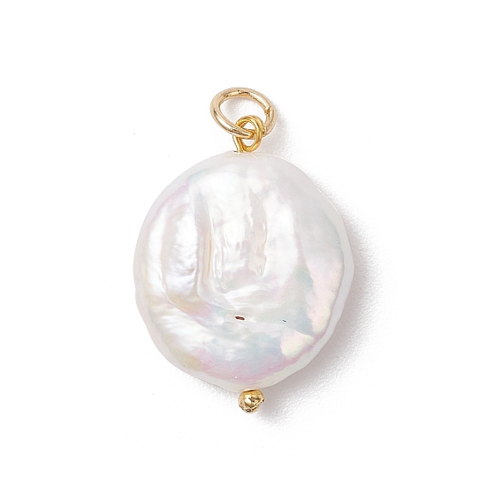 Натуральные кеши жемчужные подвески, плоские круглые прелести, с латунными кольцами для прыжков, белые