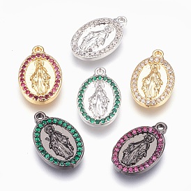 Brass Pendants, with Cubic Zirconia, Lead Free & Cadmium Free & Nickel Free, Long-Lasting Plated, Oval with Virgin Mary