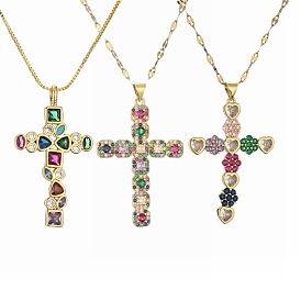 Vintage Gold Plated Cross Necklace with Zirconia Stones on Titanium Steel Chain for Women