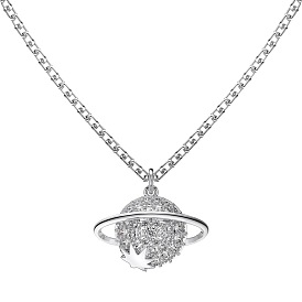 925 Sterling Silver Pendant Necklaces, Micro Pave Clear Cubic Zirconia, Planet