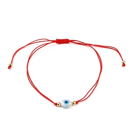 Nylon réglable bracelets cordon tressé de perles, bracelets ficelle rouge, avec des perles rondes en laiton, perles de coquillage blanc naturel et turquoise synthétique, mauvais œil