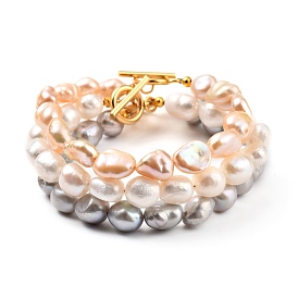 Bracelets de perles de perles de keshi de perles baroques naturelles, avec fermoirs à bascule en acier inoxydable 304 plaqués or