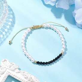 Natural Agate Braided Beaded Bracelets, with Adjustable Nylon Thread & ABS Plastic Imitation Pearl